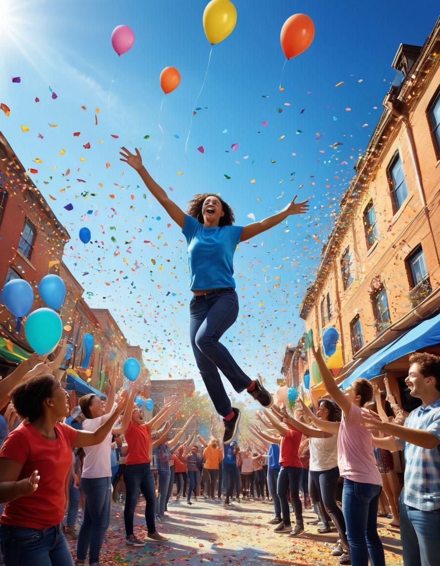 A dynamic scene depicting a diverse group of people engaged in various XSXL activities such as trampoline jumping, zip-lining, and interactive group games, all showcasing joyful expressions and a sense of community. The background should feature colorful banners and decorations, with a sunny blue sky enhancing the vibrant atmosphere. Include elements of fun like confetti and balloons to emphasize the festive mood. super-realistic. vibrant colors.