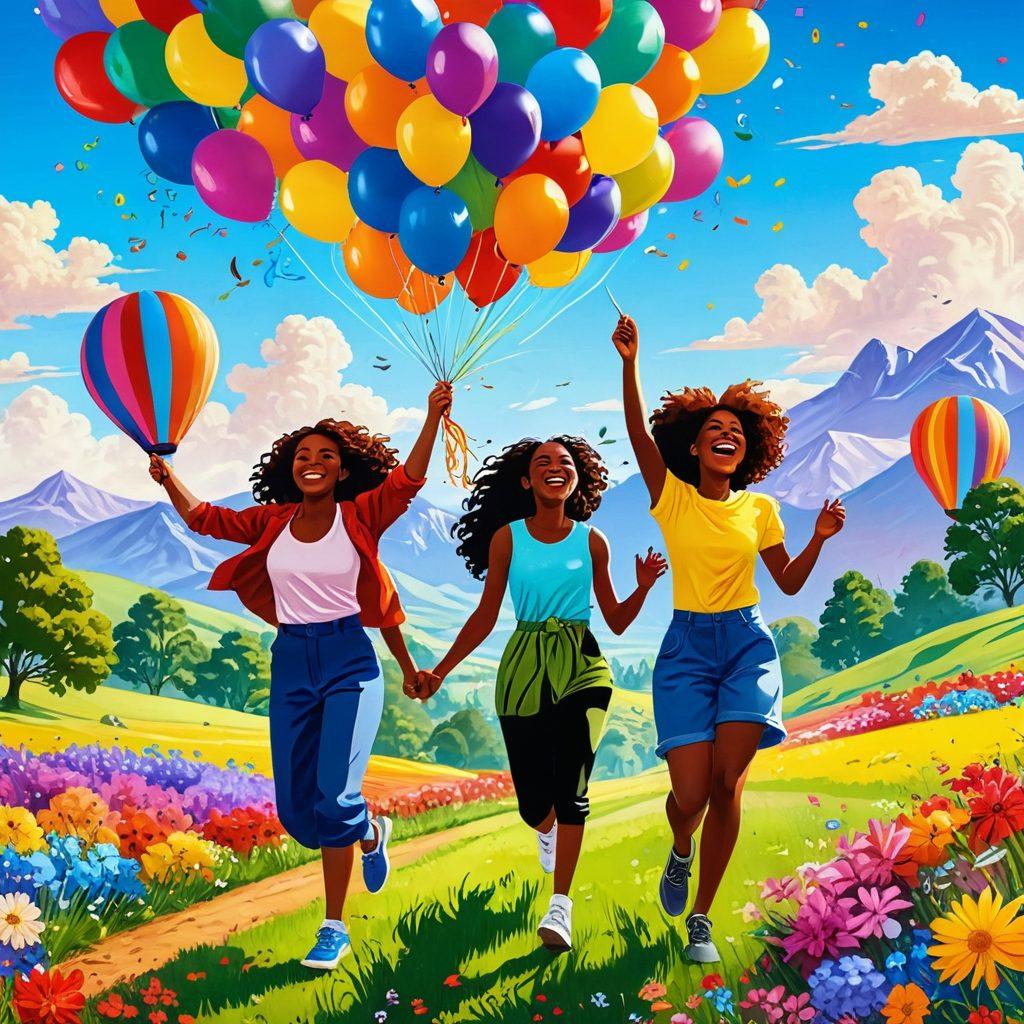 A lively scene capturing a diverse group of people enjoying outdoor activities, laughing and sharing moments of joy, surrounded by vibrant landscapes and playful elements like balloons and confetti. Include symbols of entertainment like musical notes and film reels to emphasize the theme. The atmosphere should radiate happiness and inclusivity, showcasing adventure and fun in every corner. vibrant colors. 3D.