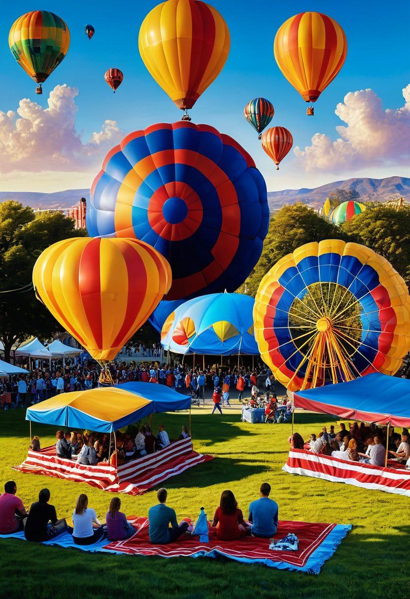 A colorful and lively scene depicting a diverse group of people enjoying various recreational activities like playing games, picnicking, and engaging in sports, all surrounded by vibrant amusement park rides. The atmosphere should exude happiness and joy, with balloons and laughter in the air. Bright blue skies and a hint of sunset to add warmth and invitation. super-realistic. vibrant colors. outdoor theme.